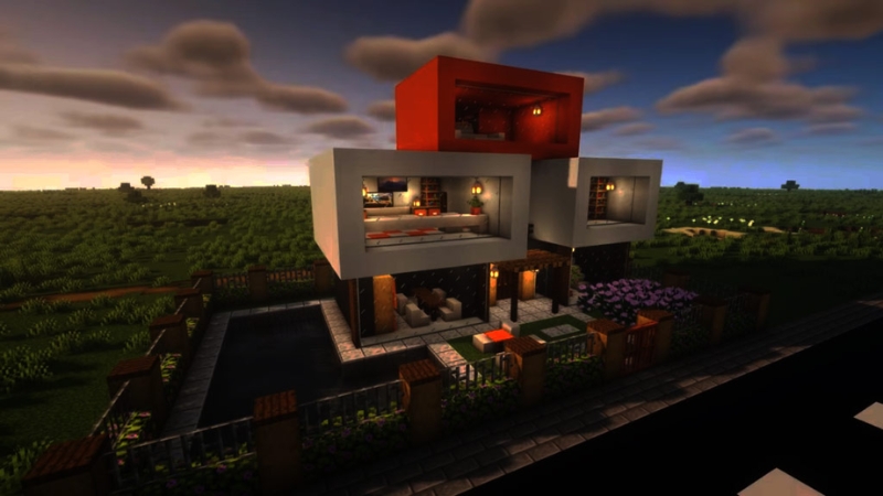 Mẫu nhà có bể bơi và vườn hoa trong Minecraft