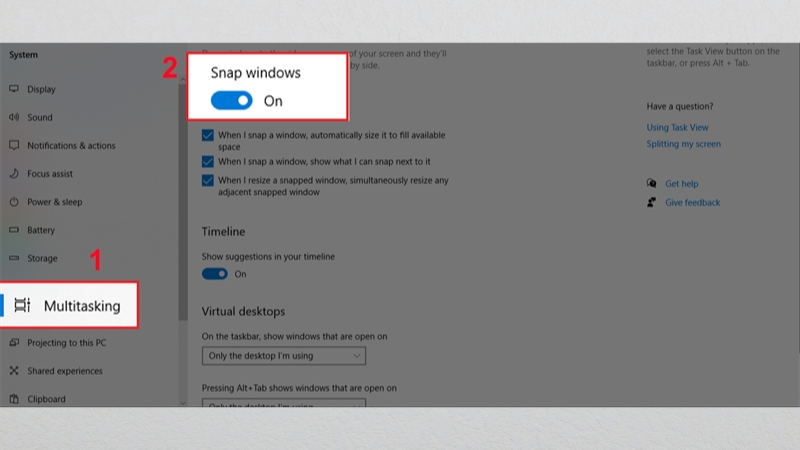 Tìm mục Snap Windows