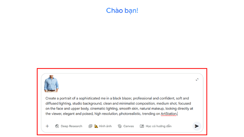 Tải ảnh và nhập prompt tạo ảnh profile trên Gemini