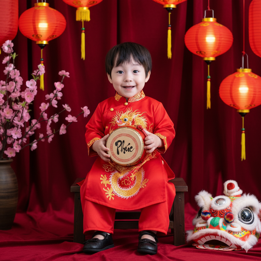 Dùng AI tạo hình ảnh Trung thu em bé đánh trống lân