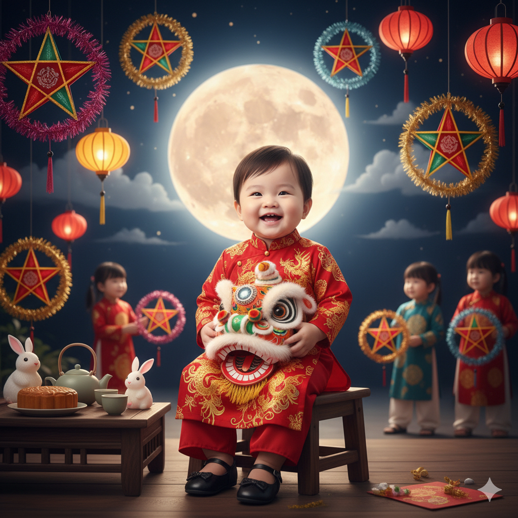 Ảnh em bé đáng yêu cầm đầu lân vui hội Trăng rằm