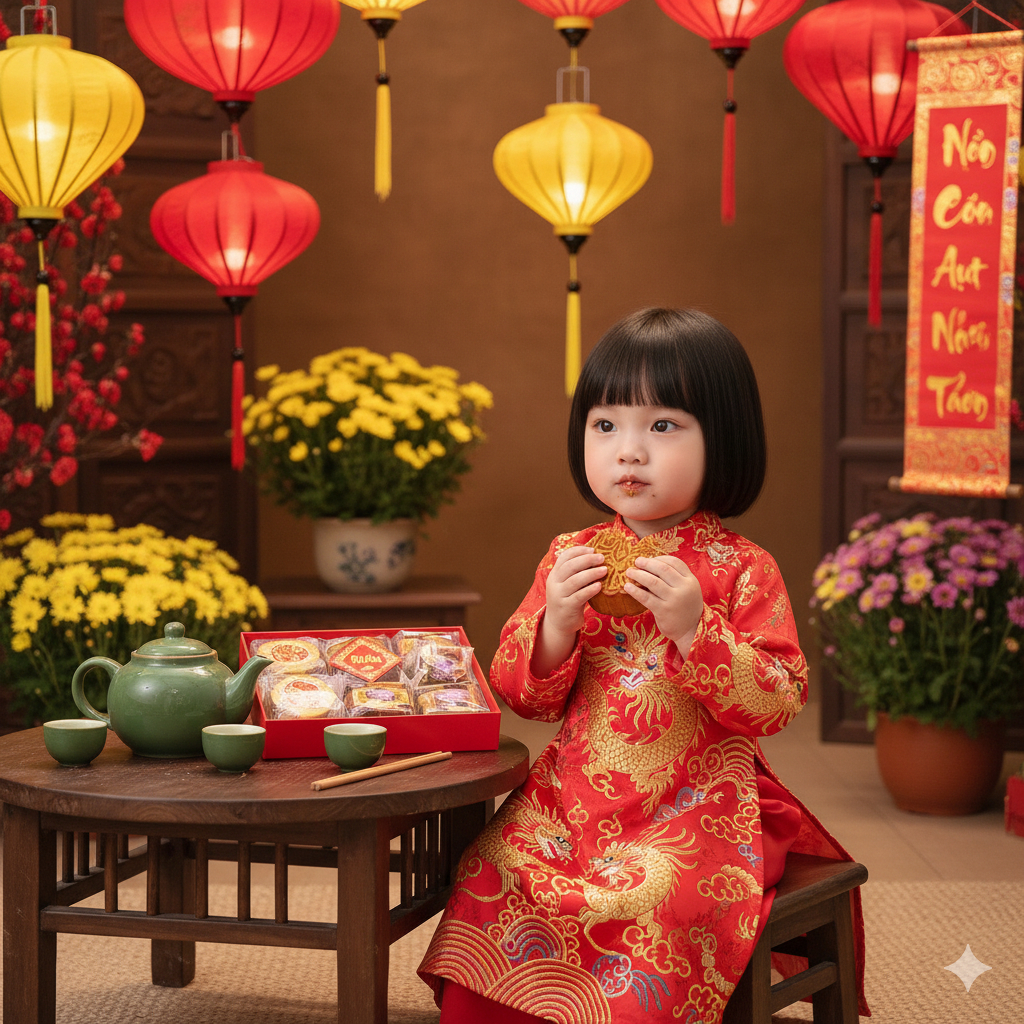 Một em bé dễ thương mặc áo dài đỏ, vui vẻ ăn bánh Trung thu
