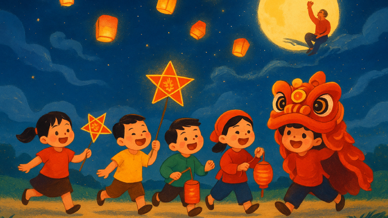Trung thu là dịp trẻ em được vui chơi, rước đèn, múa lân
