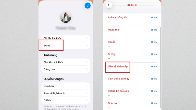 Chọn ID y tế rồi tìm mục Liên hệ khẩn cấp