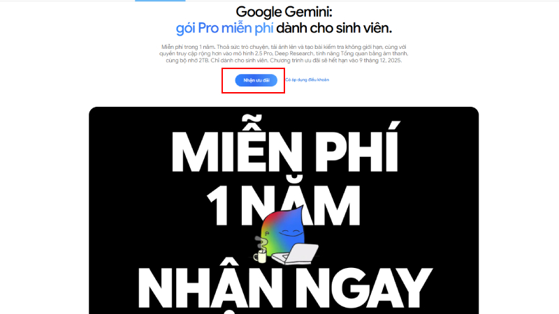 Vào trang ưu đãi Gemini 1 năm và nhấp mục nhận ưu đãi