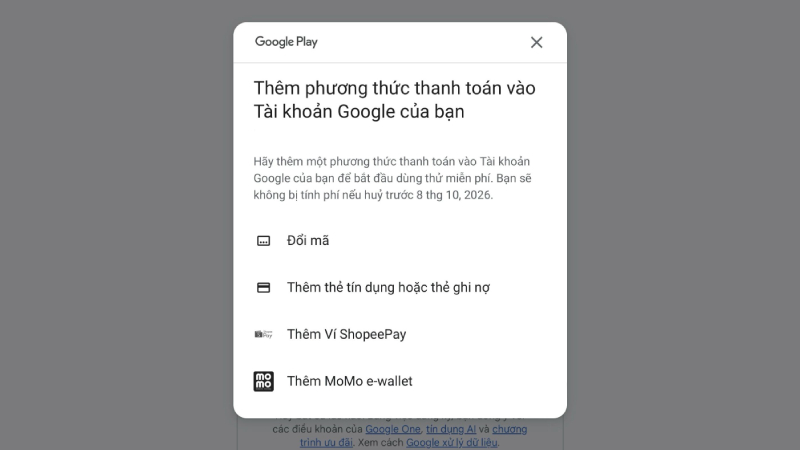 Cung cấp thông tin thanh toán hợp lệ