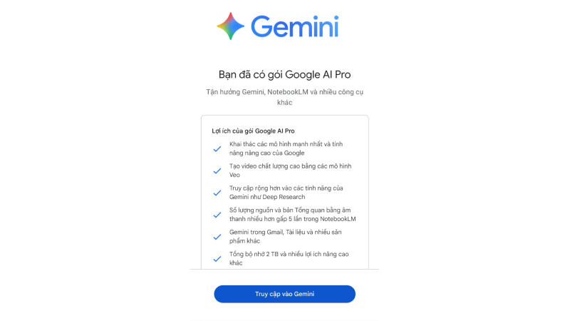 Hoàn tất đăng ký Gemini 1 năm miễn phí cho sinh viên