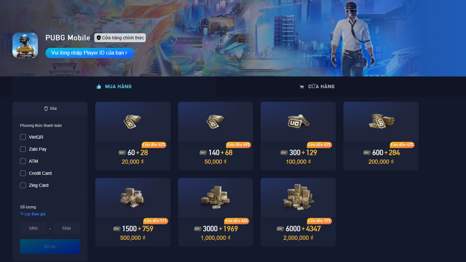 Truy cập vào website nạp PUBG VNG