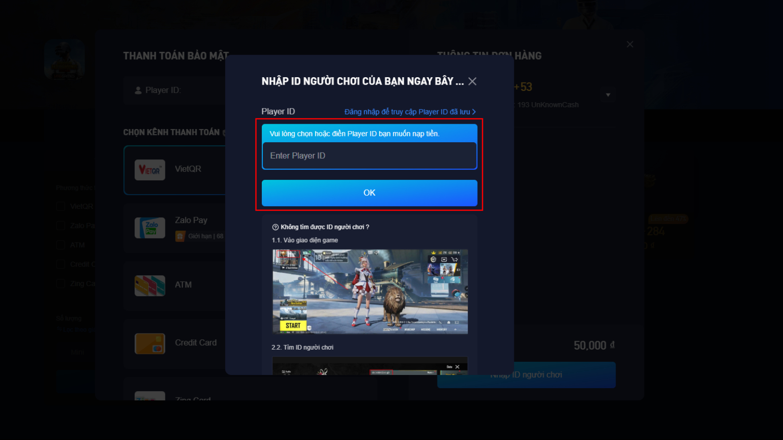 Nhập ID người chơi cần nạp PUBG