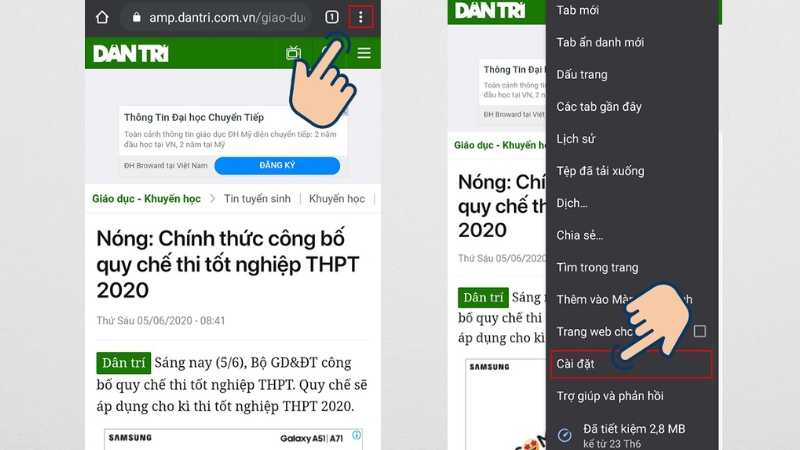 Nhấn vào biểu tượng 3 chấm và chọn cài đặt