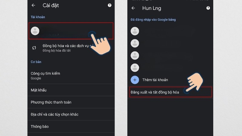 Thực hiện đăng xuất và tắt đồng bộ hóa