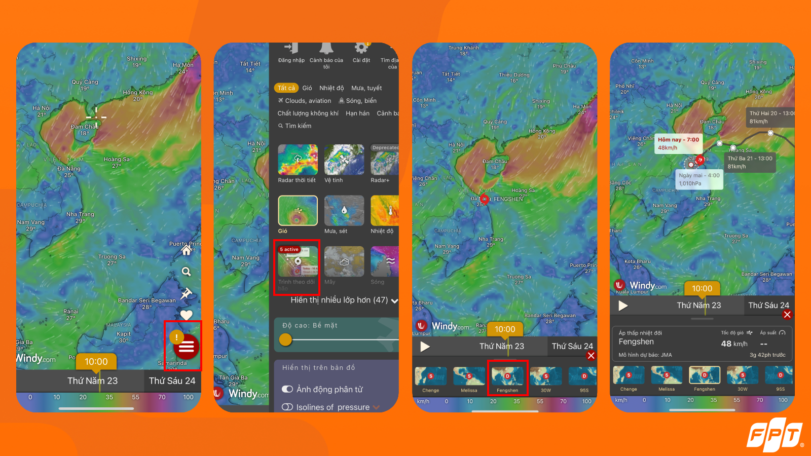 Chọn cơn bão mà bạn muốn theo dõi trên app Windy