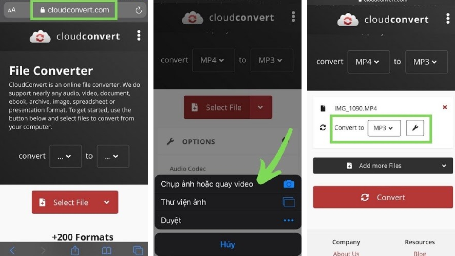 Tải video TikTok, mở CloudConvert chọn MP4 → MP3 rồi nhấn