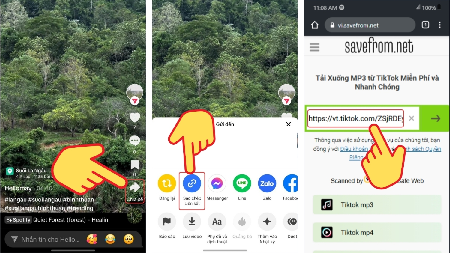 Dán liên kết TikTok vào SaveFrom.net và chọn định dạng tải MP3