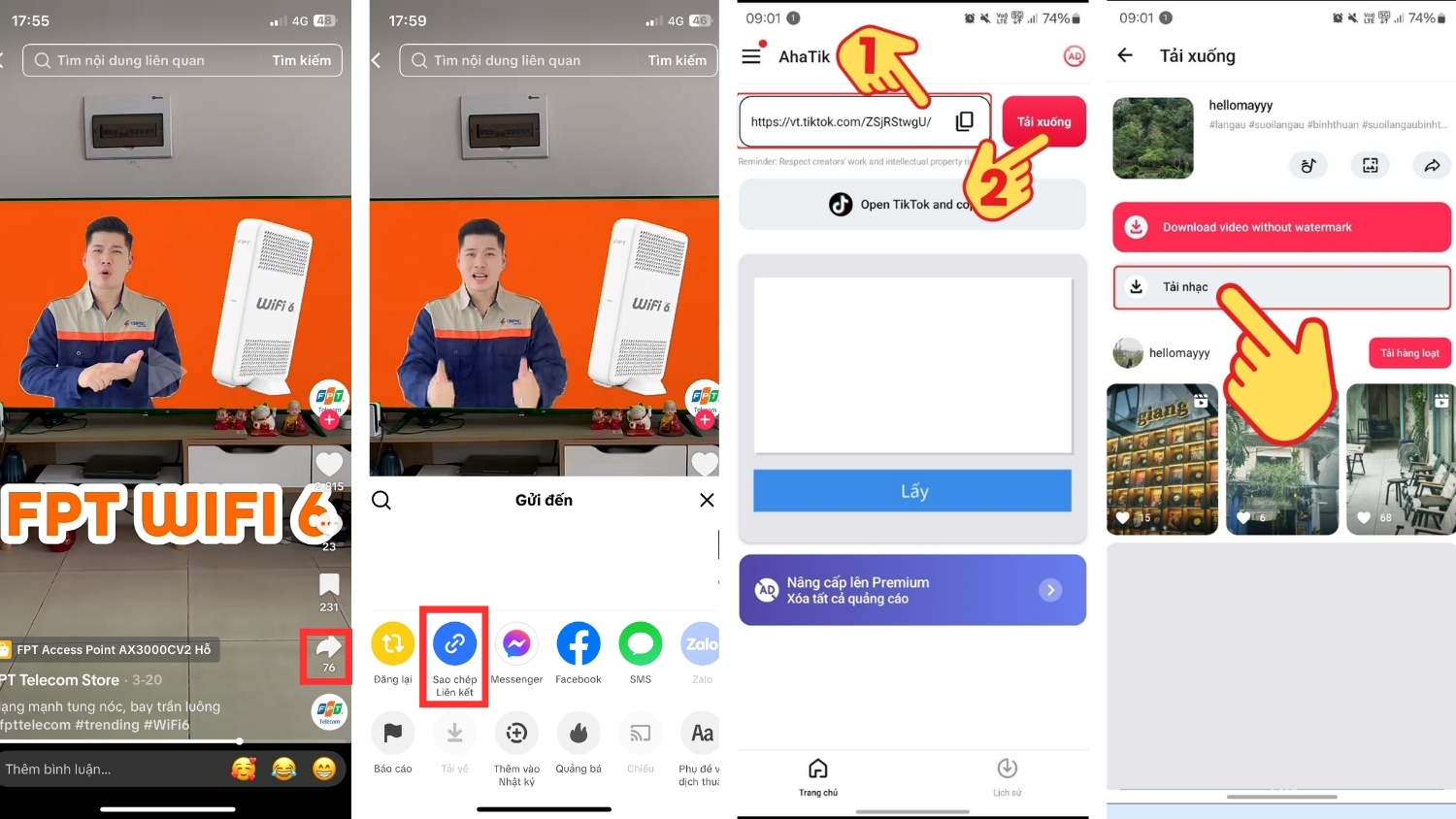 Sao chép liên kết video TikTok, dán vào AhaTik và chọn