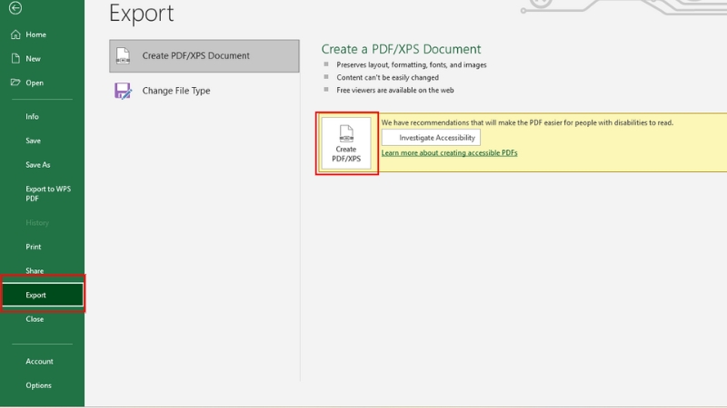 Chọn Create PDF/XPS trong mục Export