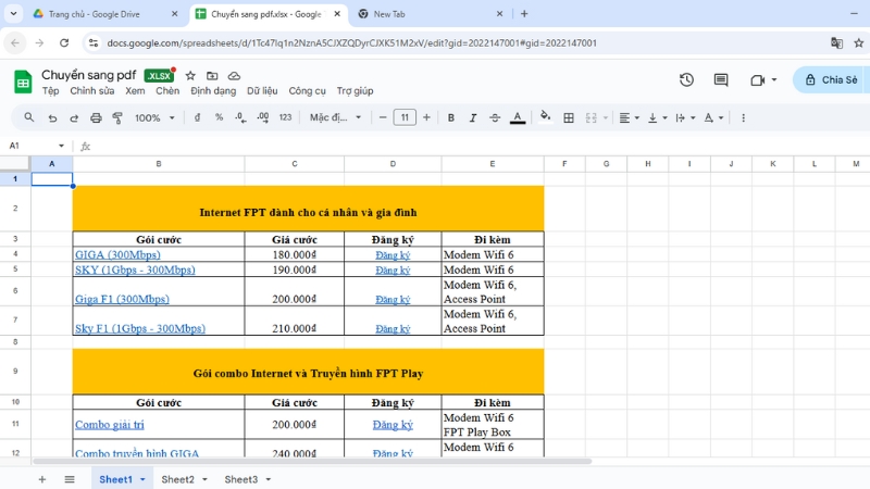Giao diện khi mở file Excel trên Google Sheet