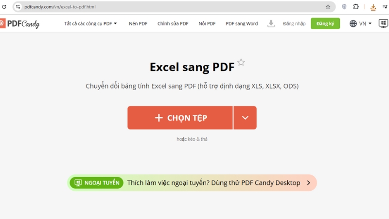 Nhấn vào đây để chọn file Excel muốn chuyển sang PDF