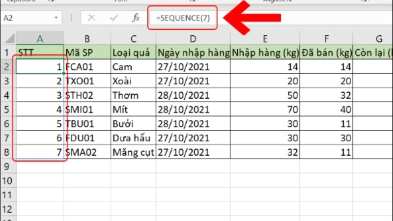 Cách đánh số thứ tự trong Excel bằng hàm SEQUENCE