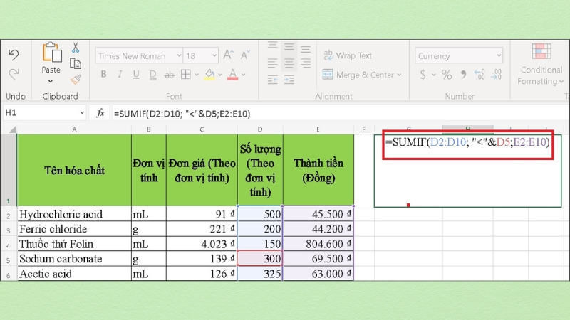 Tại ô H1 nhập hàm SUMIF
