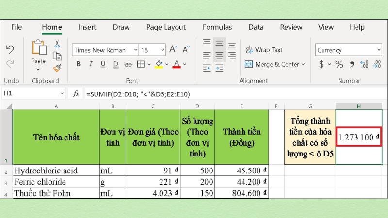 Kết quả khi nhập đúng công thức