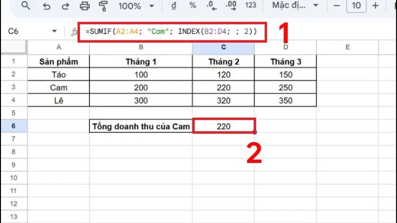 Tính tổng doanh thu bằng hàm SUMIF và INDEX