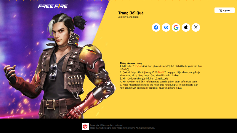 Trang đăng nhập đổi code Free Fire
