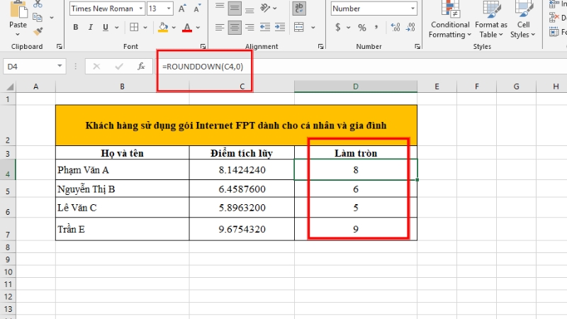 Hàm ROUNDDOWN khi Num_digits = 0