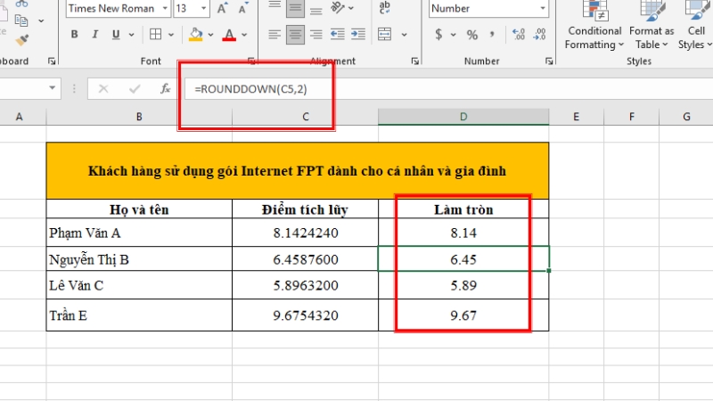 Hàm ROUNDDOWN khi Num_digits > 0