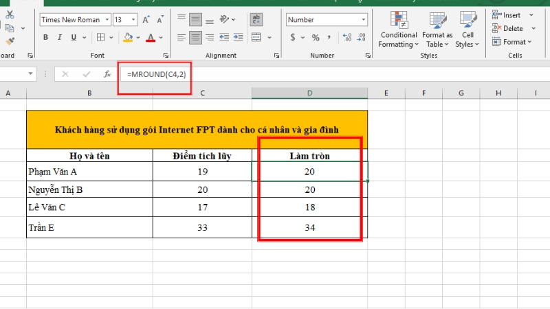 Hàm MROUND khi Multiple = 2
