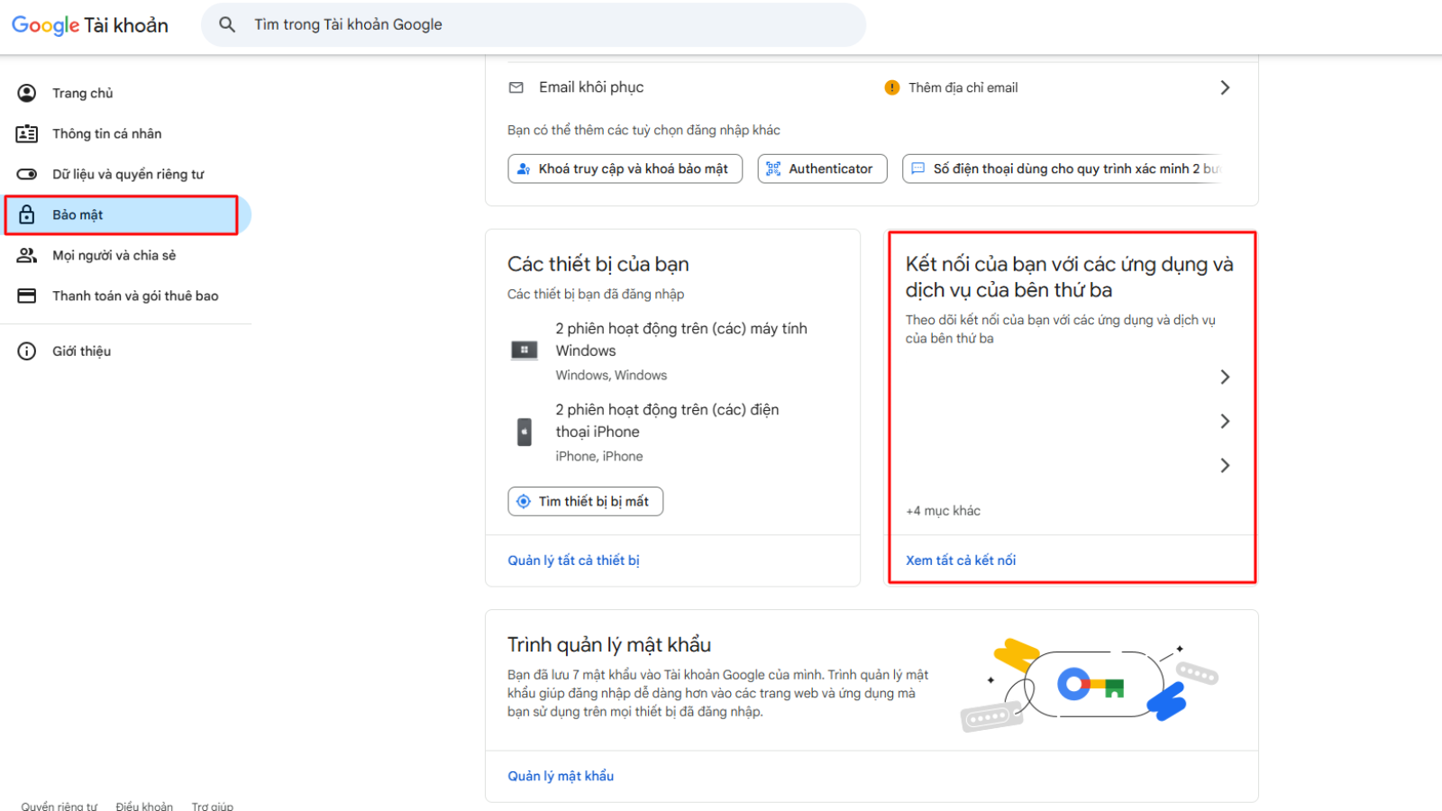 Các bước kiểm tra kết nối tài khoản Google với các ứng dụng của bên thứ ba