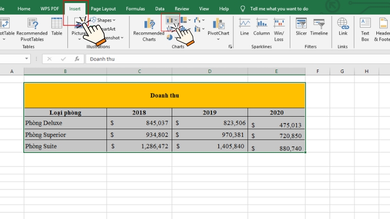 Chọn biểu đồ cột trong mục Chart