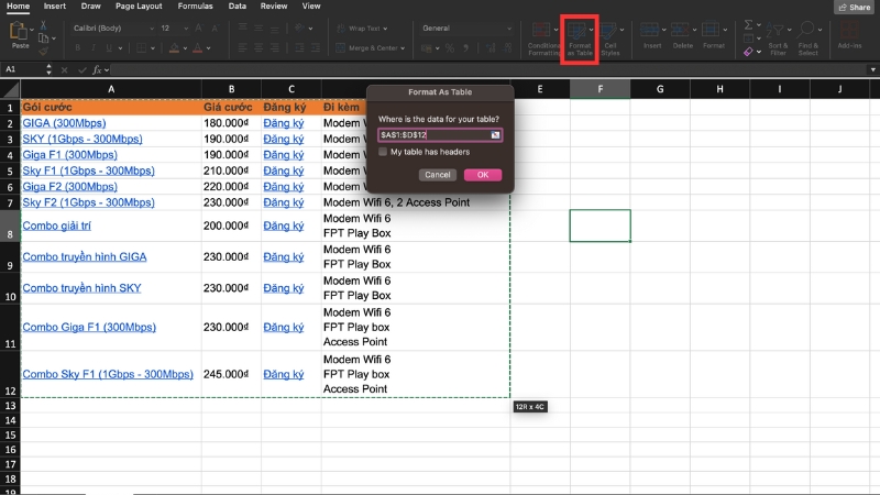 Hộp thoại Format as Table xác nhận phạm vi và hàng tiêu đề
