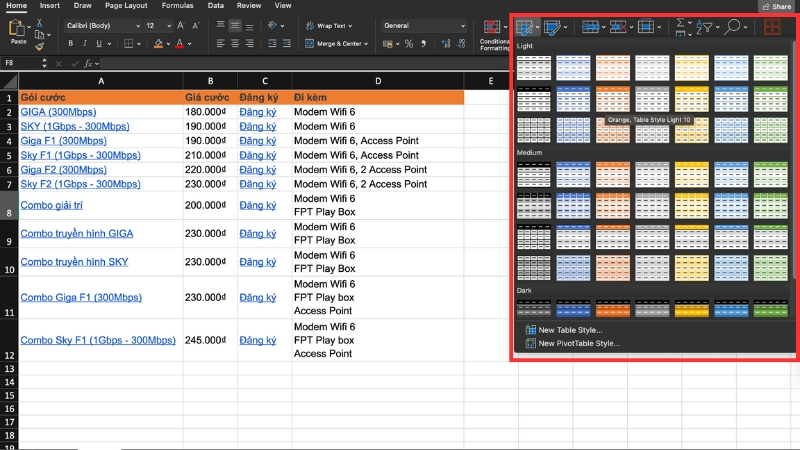 Chọn Format as Table rồi duyệt mẫu màu phù hợp cho bảng dữ liệu.
