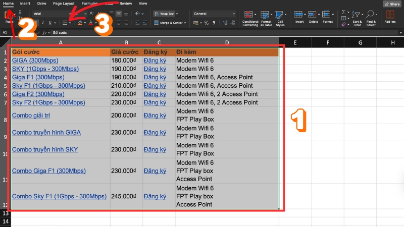 Chọn vùng dữ liệu muốn tạo bảng