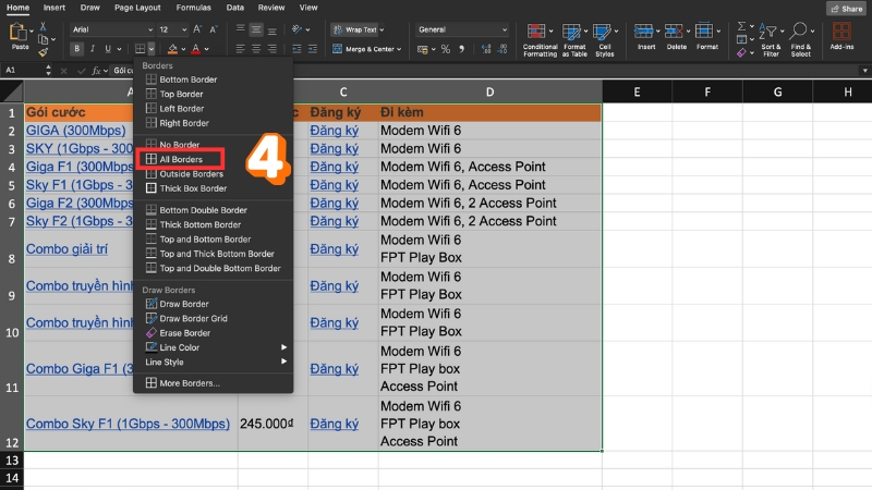 Cách tạo bảng trong Excel kẻ viền nhanh bằng cách chọn All Borders