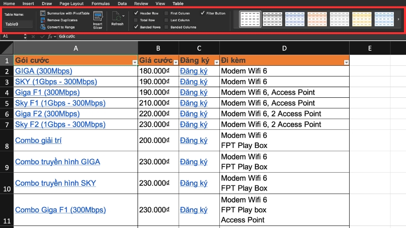 Tab Table Design: bật Header Row, Banded Rows, Filter Button