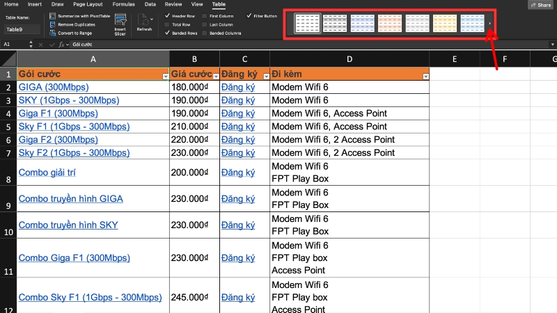 Đổi nhanh style bảng ngay trên dải mẫu ở Table Design