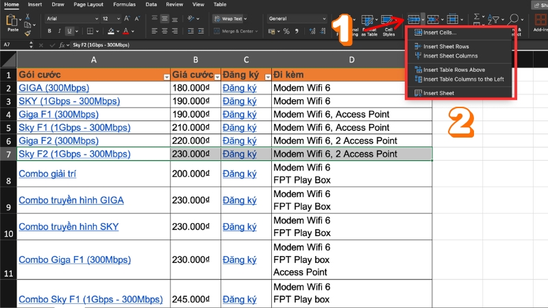 Thêm dòng từ thẻ Home > Insert trên Ribbon