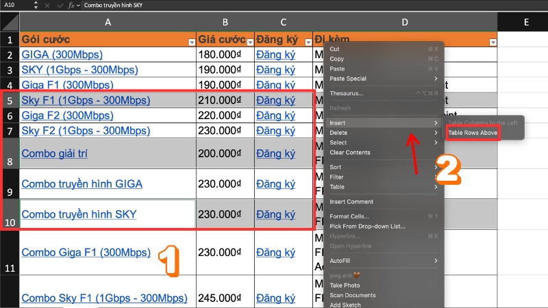 Cách chèn dòng xen kẽ trong Excel bằng Insert