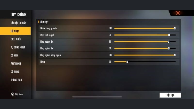 Độ nhạy FF gợi ý cho điện thoại VSmart
