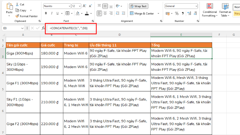 Cách gộp ô trong Excel bằng hàm CONCATENATE