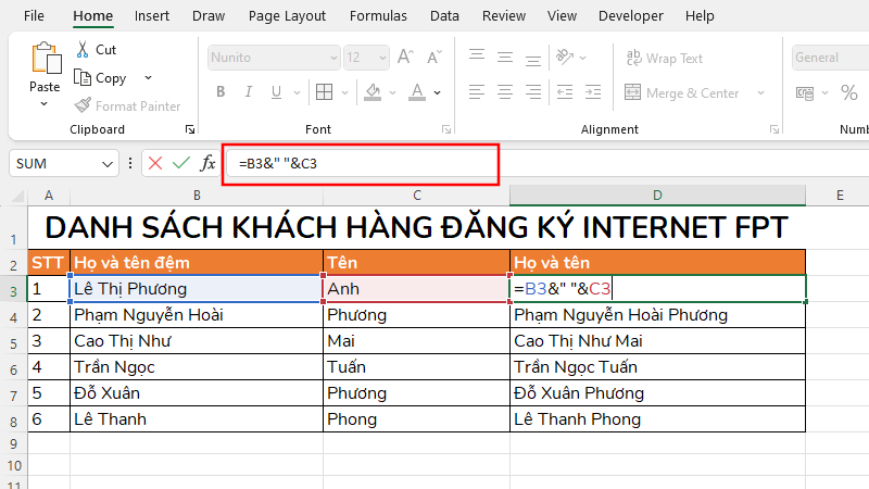 Hướng dẫn cách gộp ô trong Excel bằng toán tử &;