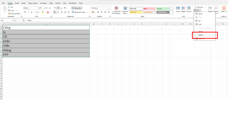 Chọn các ô cần gộp trong Excel và chọn Justify