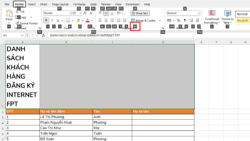 Nhấn phím H, sau đó nhấn phím M để chọn tính năng Merge & Center