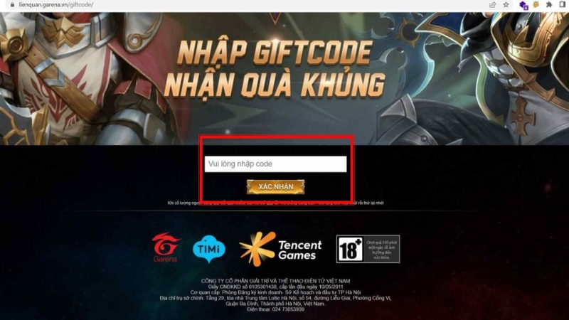 Nhập giftcode Liên Quân vào ô trống