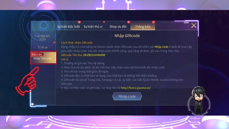 Chọn mục Nhập Giftcode