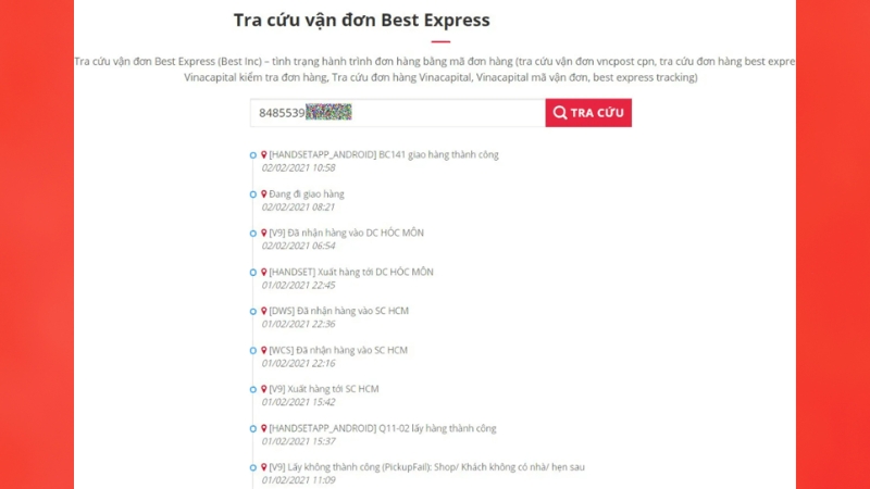 Kết quả tra cứu mã vận đơn qua website Best Express