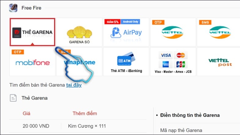 Chọn phương thức sử dụng thẻ Garena