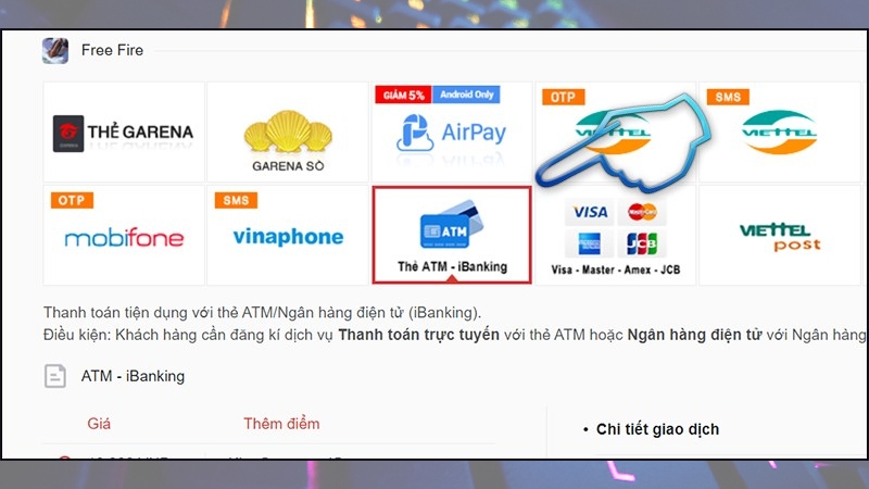 Chọn hình thức giao dịch Thẻ ATM - iBanking